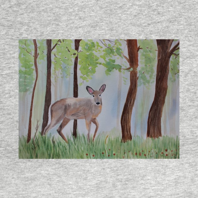 Deer in the Forest Watercolor Painting by Sandraartist